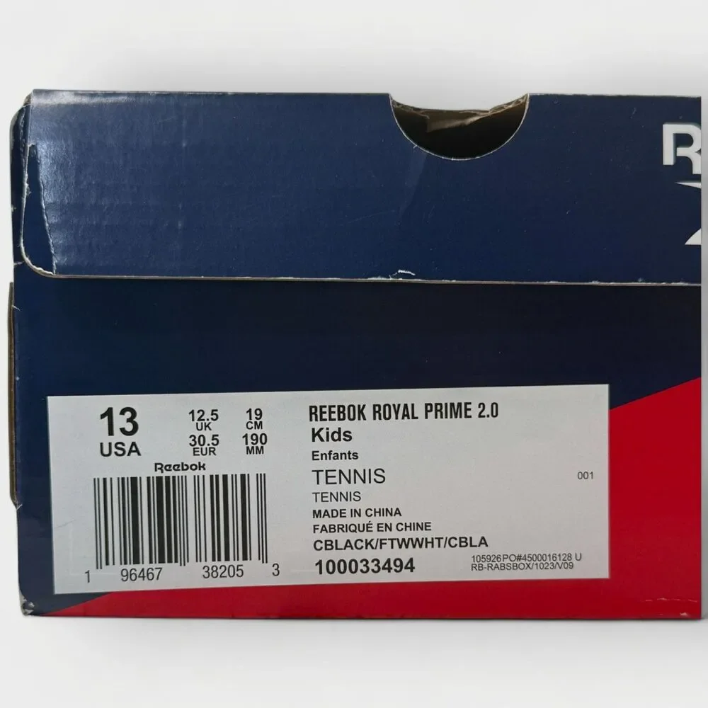 Reebok Royal Prime 2.0 Kids Size 13 Black White Sneakers NIB